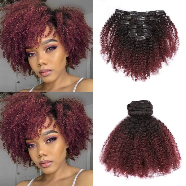 Loxxy Kinkys Clip In Hair Extensions 4A 4B Afro Kinky Clip In Virgin Natural Hair Clip In Extensions Ombre Afro Clip In Hair Extensions For Black Women Full Head Kinky Clip In #1b/99j AC 16 Inch