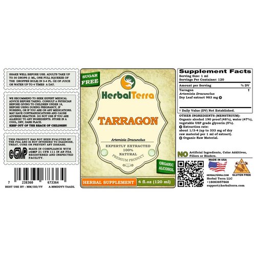 Tarragon (Artemisia Dracunclus) Tincture, Organic Dried Leaves Liquid Extract (Brand Name: HerbalTerra, Proudly Made in USA) 2x4 fl.oz (2x120 ml)