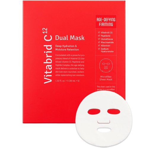VITABRID C12 Dual Mask Korean Face Mask for Anti Aging, Firming, Hydrating, Nourishing with Highly Concentrated Peptide, Vitamin C Essence - Hypoallergenic Microfiber Sheet, 1.02 fl.oz. 5 Sheets