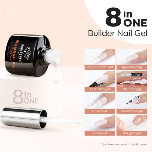 modelones Builder Nail Gel, Milky White Gel Builder for Nail Thickening, 8-in-1 Builder Nail Strengthener LED Nail Lamp Cured Hard Gel Color Base Gel Extension Gel False Nail Tips Glue Gel in a Bottle
