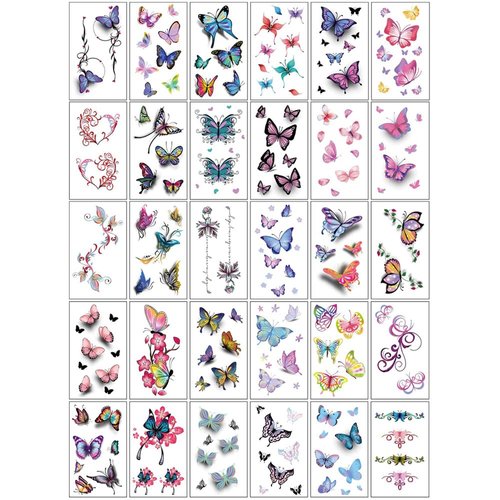 30 Sheets 3D Butterfly Temporary Tattoos for Women and Girls, Muulaii Waterproof Fake Tattoo Stickers, Colorful Butterfly Body Art Temporary Tattoos in Bracelets, Back, Wrist and Arm Bands