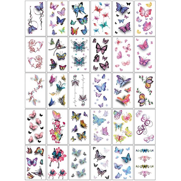 30 Sheets 3D Butterfly Temporary Tattoos for Women and Girls, Muulaii Waterproof Fake Tattoo Stickers, Colorful Butterfly Body Art Temporary Tattoos in Bracelets, Back, Wrist and Arm Bands