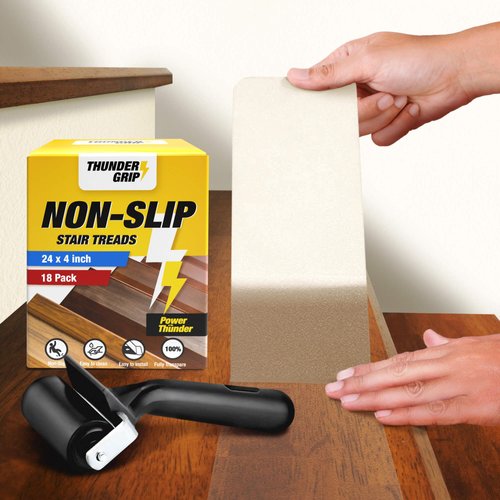 THUNDER GRIP 18-Pack Clear Non-Slip Stair Treads for Wooden Steps - 24"x4" Self Adhesive Strips Indoor - Transparent