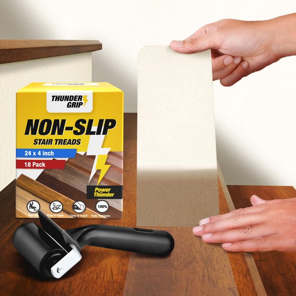 THUNDER GRIP 18-Pack Clear Non-Slip Stair Treads for Wooden Steps - 24"x4" Self Adhesive Strips Indoor - Transparent