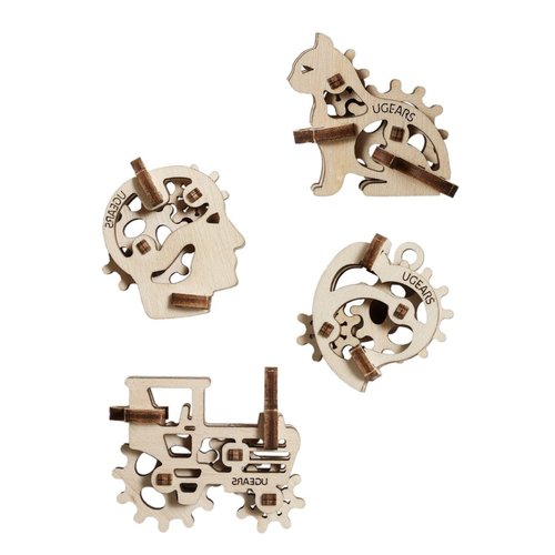 UGEARS 70029 U-Fidgets Tribiks Puzzle Pieces Set with 4 Models Anti-Stress 3D Puzzle Self Assembly Kit 4 Mini Miniature Model Mechanical Models Plywood Construction Kit