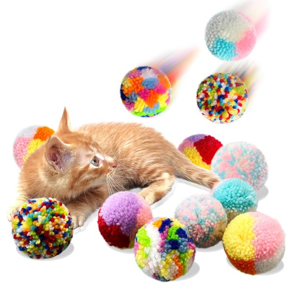 YUBONUS Assorted Color Cat Ball Toys, Woolen Yarn Puffs Cat Pom Pom Balls Interactive Kitten Chasing Toys Cat Chase Balls (12Pcs)