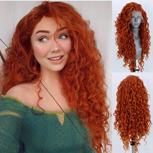 RONGDUOYI Orange Long Curly Lace Wig Synthetic Frontal Lace Wigs with Side Part Heat Friendly Synthetic Lace Front Wigs for Women Princess Merida Cosplay Wig 26Inch
