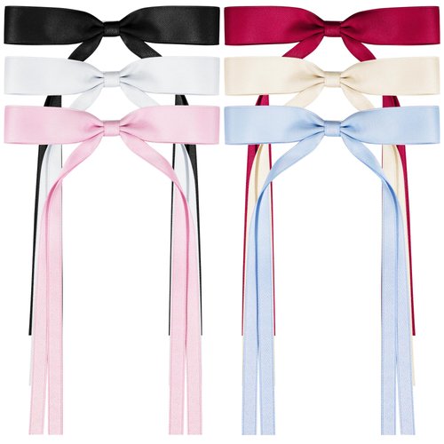 6 PCS Hair Bows for Women, Satin Hair Ribbon Hair Bows Metal Bow Hair Clips with Long Tail, Tassel Bowknot Hair Clips Hair Barrettes Hair Accessories for Women Girls Teens Kids