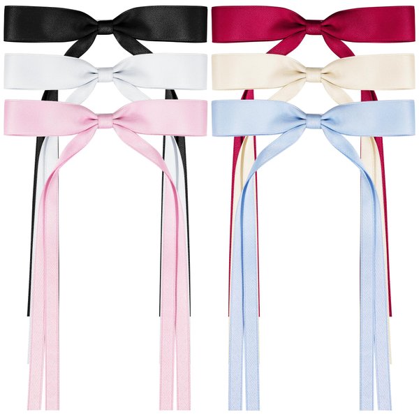 6 PCS Hair Bows for Women, Satin Hair Ribbon Hair Bows Metal Bow Hair Clips with Long Tail, Tassel Bowknot Hair Clips Hair Barrettes Hair Accessories for Women Girls Teens Kids