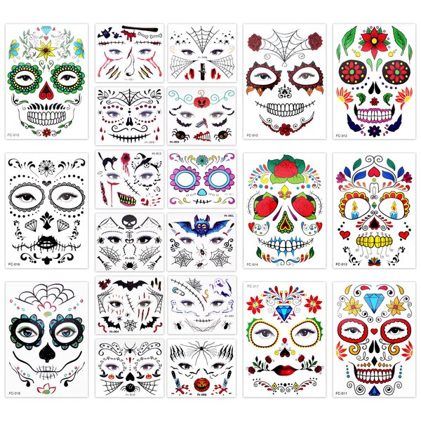21 Sheets Halloween Temporary Face Tattoos Including 9 Sheets Day of the Dead Face Sugar Skull Tattoos for Facial Decorations for Women Men Adult Halloween Party Favor Supplies