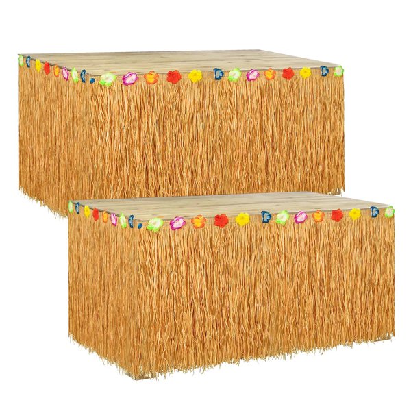 2 Pc Luau Grass Table Skirt, Hawaiian Table Skirt, 9 Feet Hawaiian Fringe Table Skirt, Grass Table Skirts for Luau Party, Luau Plastic Table Skirt for Hawaiian Luau Party Supplies Birthday Decoration