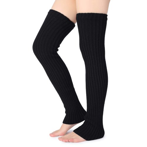 Pareberry Women's Winter Over Knee High Footless Socks Knit Warm Long Leg Warmers (Black)