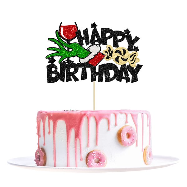 1Pc Green Happy Birthday Cake Topper for Gnchh Merry Christmas Birthday Themed Santa Cake Decorations Teenager Girls Boy's Gift Birthday Party Supplies