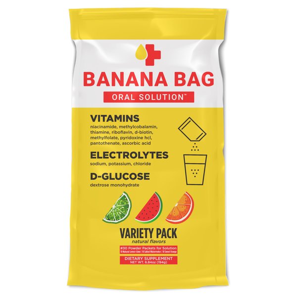 Banana Bag Oral Solution - Pharmacist Hydration Recovery Formula - Electrolyte & Vitamin Powder Packet Drink Mix - Variety Pack - Pack of 30