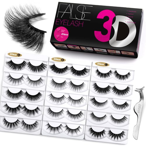 Eliace Fluffy Eyelashes 3D Mink Lashes Cat Eyes 15 Mixed Styles 15 Pairs Reusable Soft Fake Eyelashes Volume Strip Lashes Natural Look Wispies & Big False Eyelashes Pack - with False Lashes Tweezers