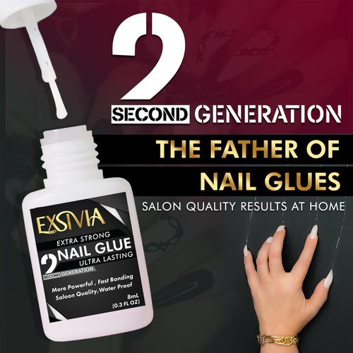 EXSIVIA 2nd Generation Super Strong Nail Glue - Salon Quality, Extra Strength for Acrylic, Press-On, and Fake Nails Long Lasting, Quick Dry, Non-Damaging, Ideal for Nail Tips and Nail Art - 8ml