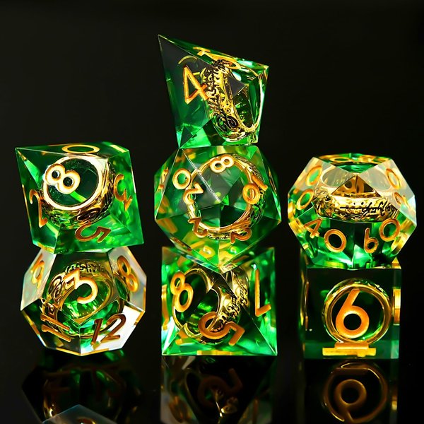 Ring DND Dice Set Sharp EdgeResin Dice,Golden Ring Inclusion Lord of The Rings D&D Dice RPG Role Playing Games, Dungeons and Dragons Polyhedral Dice Set（Green）