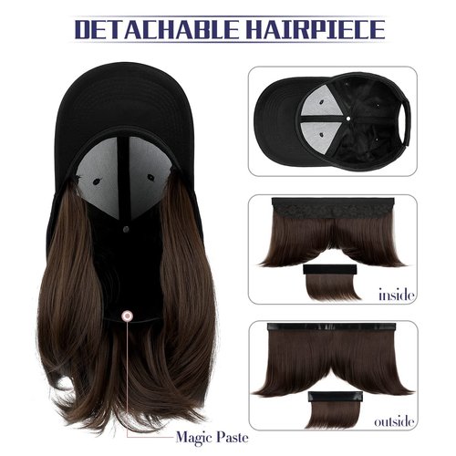 Qlenkay Baseball Cap with Hair Extensions Straight Short Bob Hairstyle Adjustable Removable Wig Hat 14inch for Woman Girl Medium Brown
