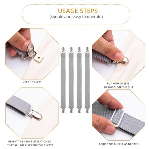 4Pcs Adjustable Bed Sheet Straps Clips, Elastic Mattress Sheet Fasteners Holder and Suspenders, Grippers to Hold Sheet, Mattress, Sofa, Couch, Table Cloth, Recliner Ironing Board Cover and More