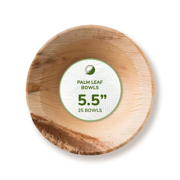 Palm Leaf Snack Bowl - Environmentally Disposable Tableware | 25 Pieces | 5.5 Inch Round | Bamboo Style | Biodegradable & Compostable
