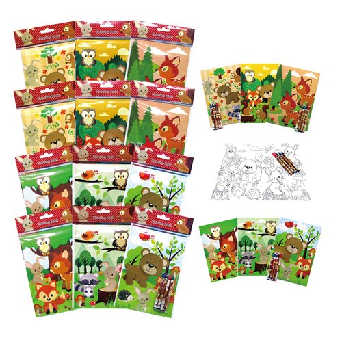 TINYMILLS Woodland Animals Coloring Book for Kids Party Favor Set with 12 Coloring Books and 48 Crayons Cute Forest Creatures Birthday Party Woodland Creatures Party Favor Bag Fillers