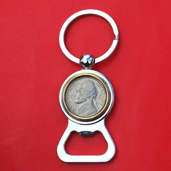 US 1973 Jefferson Nickel 5 Cent BU Uncirculated Coin Gold Silver Two Tone Key Chain Ring Bottle Opener NEW