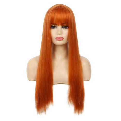 Swiking Orange Long Straight Women Wig with Bangs Heat Resistant Synthetic Wig Cosplay Party Halloween Costume Wigs