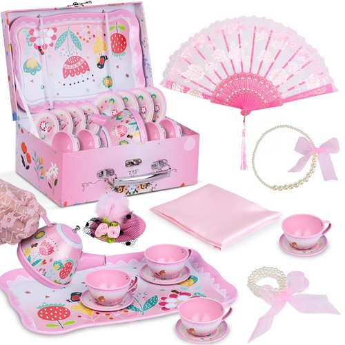 Tea Party Set for Little Girls, Tin Tea Set with Gloves Fan Necklace Bracelet Dress Up Accessories, Princess Tea Time Toys, Kitchen Pretend Play Toy, Birthday Gifts for Kids Toddler Age 3-8
