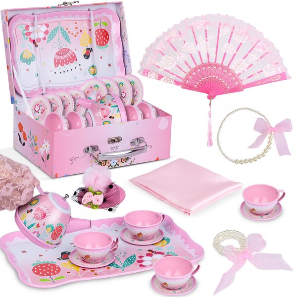 Tea Party Set for Little Girls, Tin Tea Set with Gloves Fan Necklace Bracelet Dress Up Accessories, Princess Tea Time Toys, Kitchen Pretend Play Toy, Birthday Gifts for Kids Toddler Age 3-8
