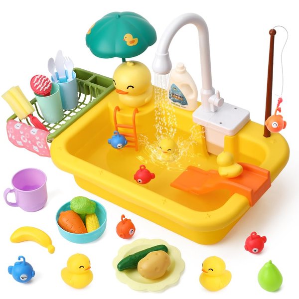 SINOMARS Play Sink with Running Water, Toddler Sink Toy with Automatic Water Cycle System,Fishing Game,Dish Rack and Play Food, Pretend Play Kitchen Sink Toy Dishwasher for Boys Girls Toddlers 1-3