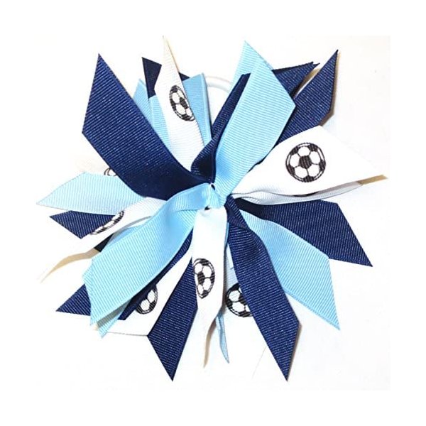 Soccer Pom Hair Bow, Made in the USA, white pony band, many colors (Navy/Light Blue)
