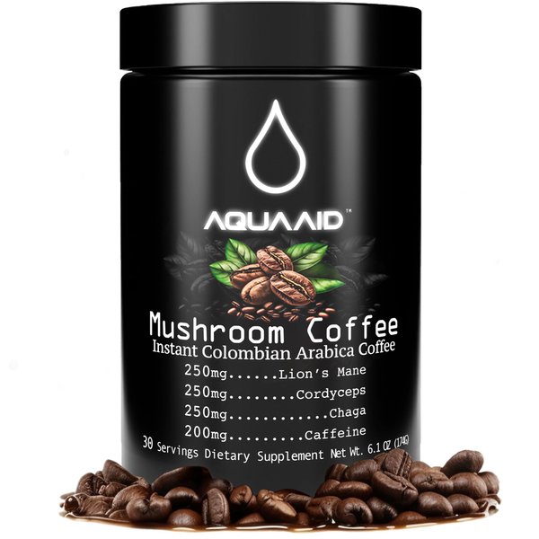 AquaAid Mushroom Coffee with Lions Mane + Cordyceps + Chaga | Memory, Focus, Think | 2x Natural Caffeine Energy | Four Ingredient Superfood Instant Coffee | 6oz 30 Servings