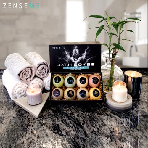 Bath Bombs for Men, Gift Set of 8 Scented Organic Handmade Bath Bombs of 2.5 oz with Natural Essential Oils. Perfect for Boyfriend, Husband, Father or Friend, by ZenseMe