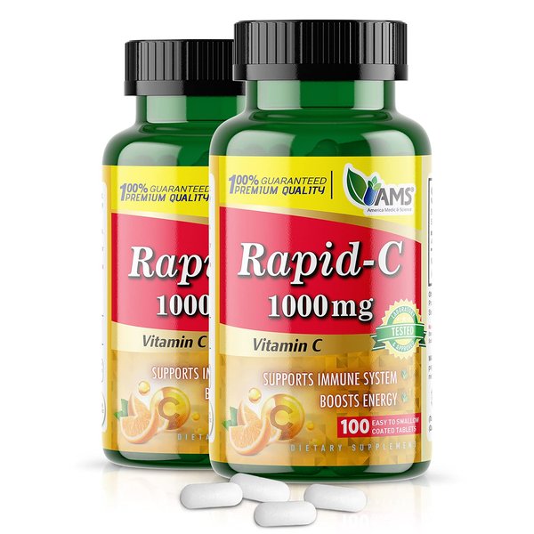 America Medic & Science Rapid-C 1000mg Vitamin C Supplement (2 Pack of 100 Tablets) Energy Booster, Daily Immune System Support, Antioxidant | Vegan, Non-GMO Coated Ascorbic Acid for Adult Men & Women