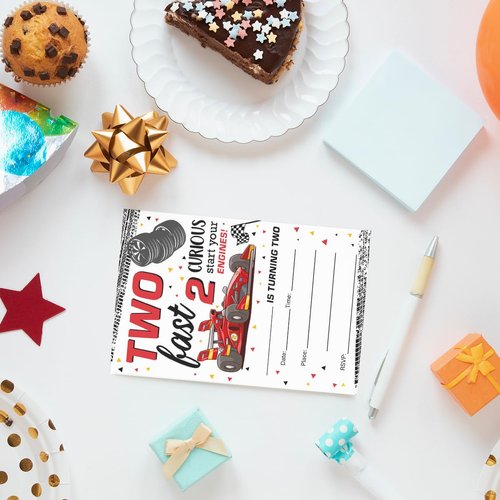 EUDOSI Two Fast Birthday Party Invitations Supplies Fill-In Set of 20 with Envelopes Two Fast Boy Race Car 2nd Birthday Bash Invites Cards, Double Sided