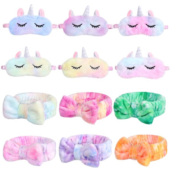 12 Pcs Sleepover Party Favors for Teenager Girl, Unicorn Animal Plush Sleep Eye Mask Soft Plush Nap Eyeshade Plush Bow Headbands, Elastic Hair Band for Single Women Spa Pajama Party