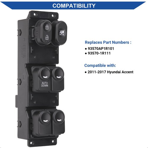 Obaee Master Window Switch Power Control Button Front Left Driver Side Compatible with 2011 2012 2013 2014 2015 2016 2017 Hyundai Accent, Replacement OEM 93570AP1R101, 93570-1R111, 1 Auto, 16 Pins