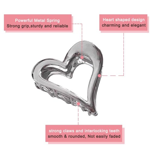 AIUPUOC Heart Hair Clips for Thin Hair for Women Valentine Hair Claw Clips French Hair Barrettes Accessories Holiday Hair Decoration Metal Silver Heart Clips Elegant Gold Claw Clip for Styling 3Pcs