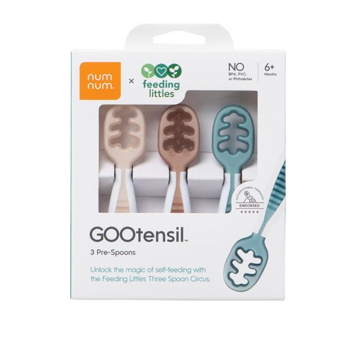 NumNum GOOtensil Pre-Spoons x Feeding Littles | Baby Spoon Set (Stage 1 + Stage 2) | BPA Free Silicone Self Feeding Toddler Utensils | For Kids Ages 6 Months+, 3 Spoons, Neutrals