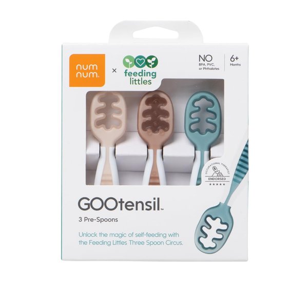 NumNum GOOtensil Pre-Spoons x Feeding Littles | Baby Spoon Set (Stage 1 + Stage 2) | BPA Free Silicone Self Feeding Toddler Utensils | For Kids Ages 6 Months+, 3 Spoons, Neutrals