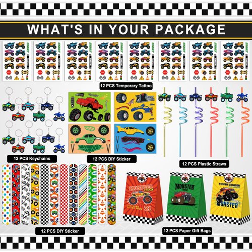 Monster Truck Party Favors Set 72 PCS Truck Theme Slap Bracelets Keychains Tattoo Stickers DIY Stickers Drinking Straws Party Gift Bags for Kids Boys Birthday Party Supplies
