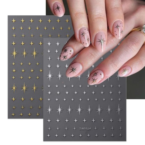 Metallic Moon Star Nail Stickers 8 Sheets Gold Silver Nail Art Stickers 3D Self-Adhesive Cloud Sun Star Nail Art Design Supplies Starlight Moon Charm Nail Decals for Women Acrylic Manicure Decoration