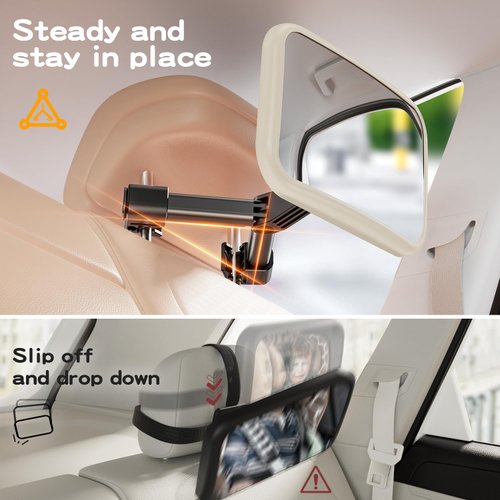 TAZENI Baby Car Mirror for Baby Hook Clip Design Shake Baby Mirror for Car Seat Mirror Rear Facing Never Shake Easy Install Back Seat Mirror for Baby Crystal Clear View ShatterProof Tested White