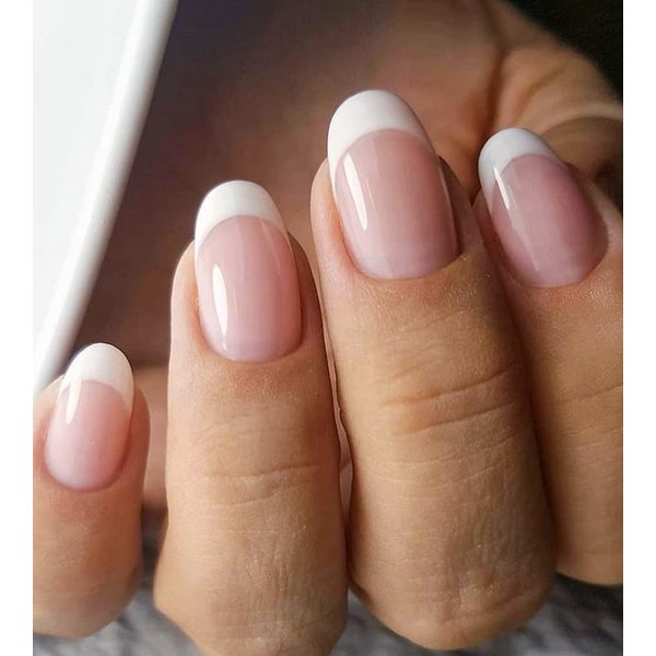 Artquee French Tip Press On Nails Short Clear Nude Oval Designs False Nail White Edge Glossy Reusable Stick on Nails Manicure for Women Fake Nails Art in 12 Sizes - 24pcs Nail Kit
