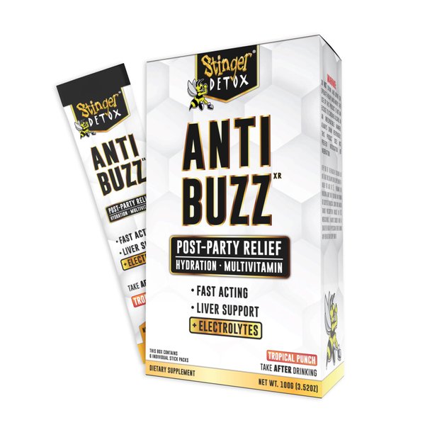 Stinger Detox Anti-Buzz Post-Celebration, Hydration & Multivitamin Packet Drink Mix | DHM, VIT. B Complex, Riboflavin, Niacin + Electrolytes | Tropical Punch 1 Pack (6 Servings)