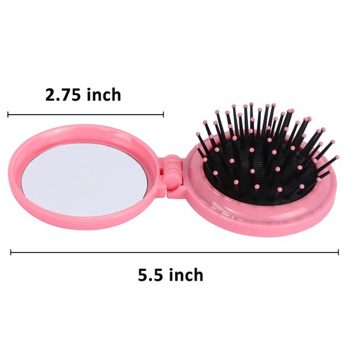 TOSAMZOO 3PCS Folding Travel Hair Brush with Mirror, Mini Comb/Wet Brushes, Compact Purse Pocket Hair Massage Combor for Women and Girls（Pink）