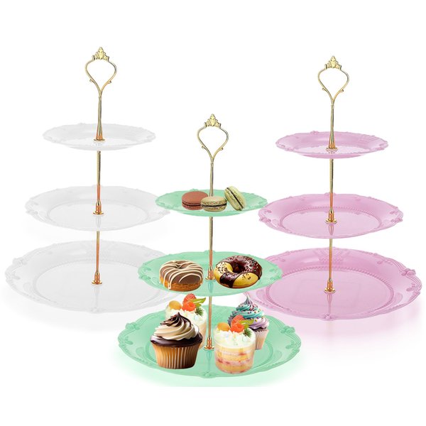 Nexboraque 3 Pack 3 Tier Plastic Cupcake Stand, Dessert Cup Cake Holder Tower Reusable Tiered Serving Tray with Metal Rod Pastry Platter for Wedding, Birthday, Tea Party - White Green Pink