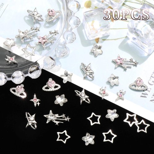 RODAKY 30PCS Star Nail Charms Silver 3D Star Charms Pink Nail Rhinestone Multi Style Nail Art Jewelry Dangle Stars Nail Decoration Y2K Bling Starlight Nail Gems Manicure Accessories for Women