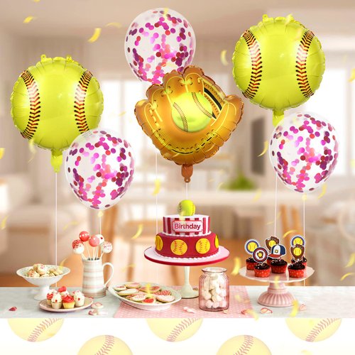 RUMIA Softball Balloons Set, 8 Pc Aluminum Foil Balloons for Girls Kids Teens Sport Themed Birthday Baby Shower Party Supplies, Round Shape, Confetti, Bells, Unisex