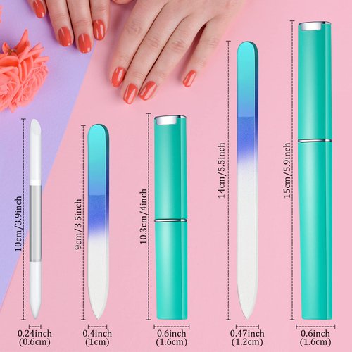 6 Pieces Glass Cuticle Pusher Nail File Set Imitated Crystal Nail Files Double Sided Glass Files with Case and Glass Cuticle Trimmer Remove Stick Manicure Tool for Nail Care (Green)